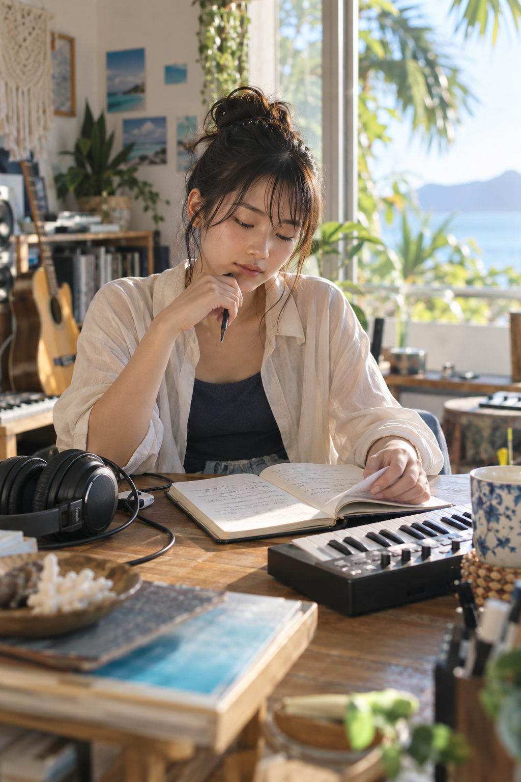 制作ノートを確認する音楽クリエイターのコンセプトビジュアル