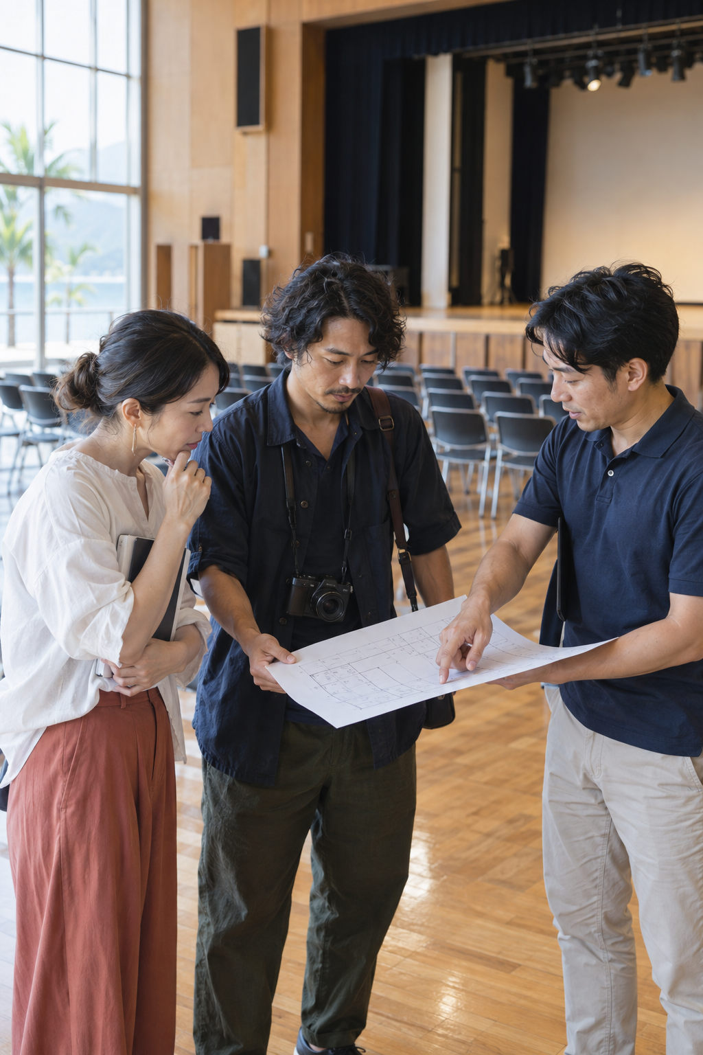会場で図面を確認する三人のコンセプトビジュアル